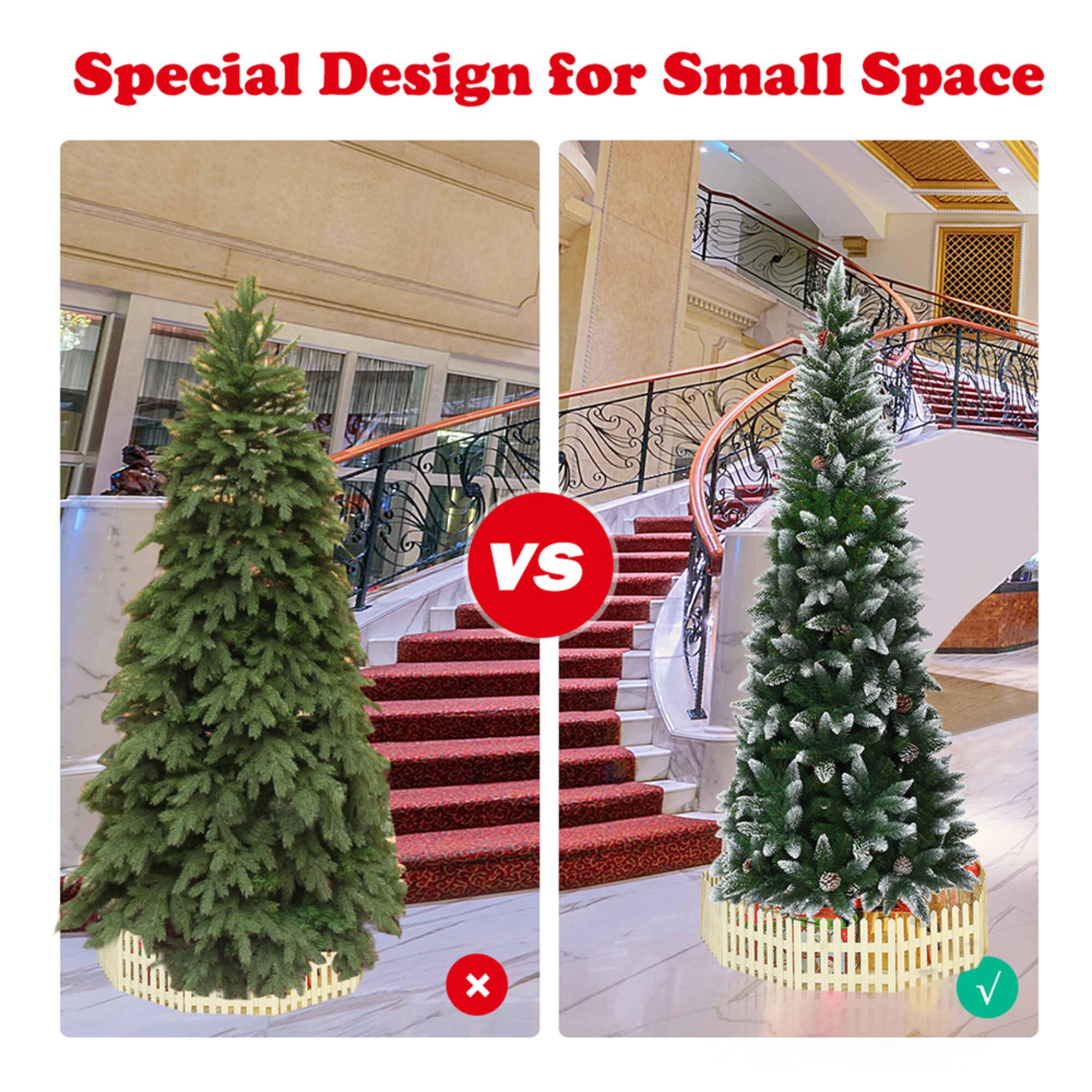 Costway 7.5ft. Snow Flocked Pencil Hinged Christmas Tree with Pinecones